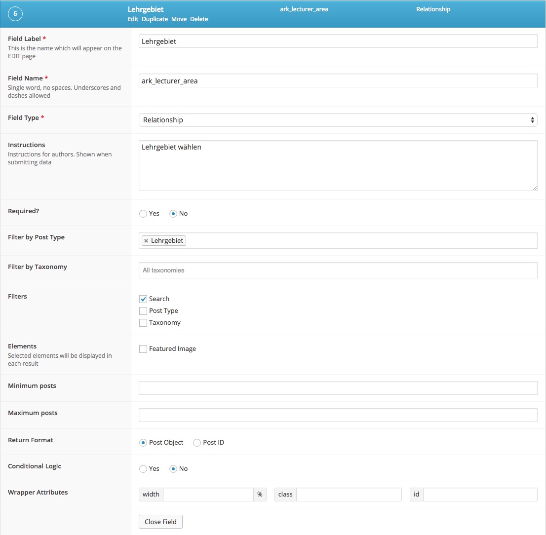 Relationship field's settings